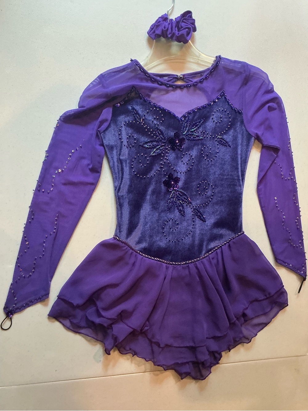 Purple Velvet Flower Beaded Figure Skating Dress Girls 12